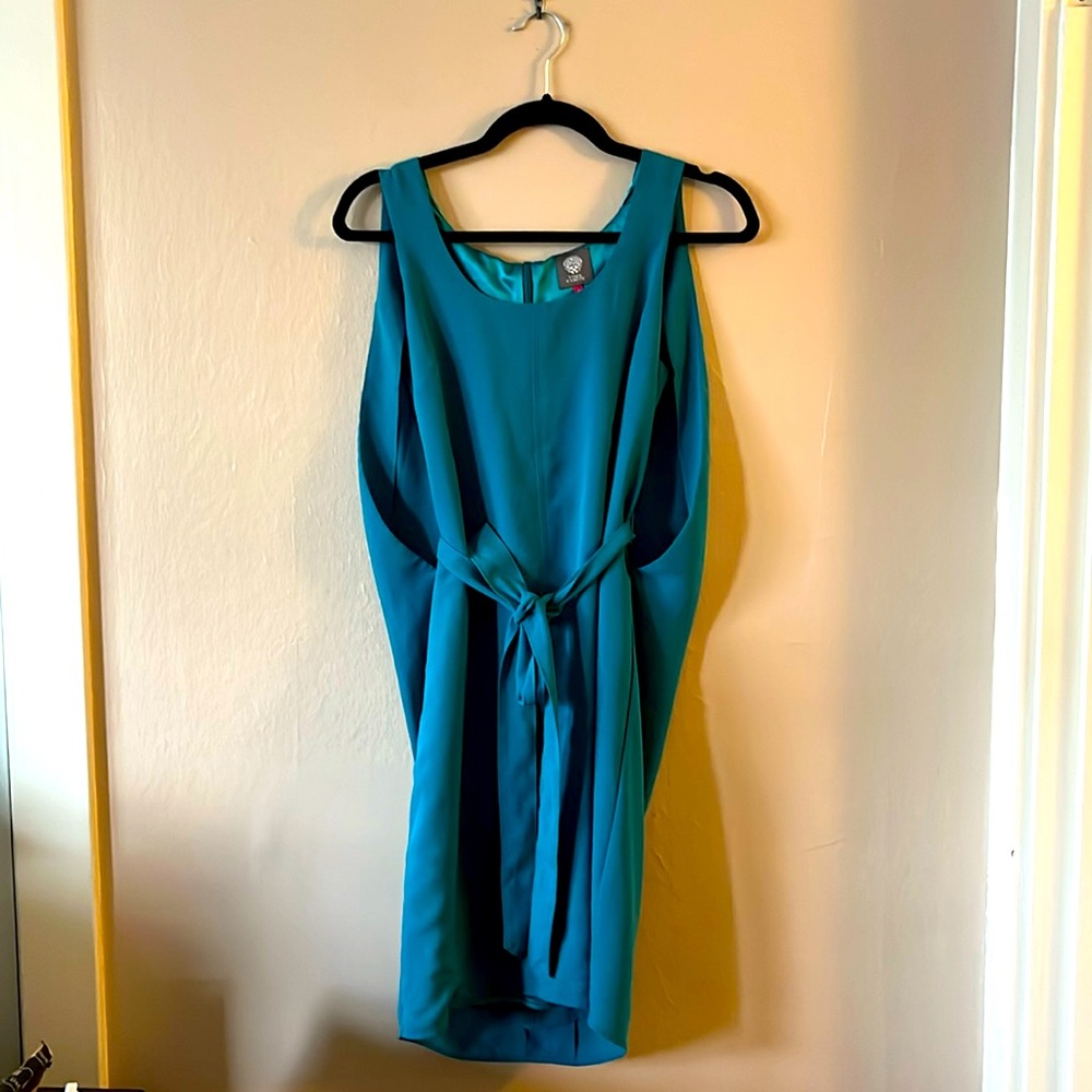 Vince‎ Camuto Blue Green Teal Sleeveless Tie Waist Unique Cape Style Dress 2